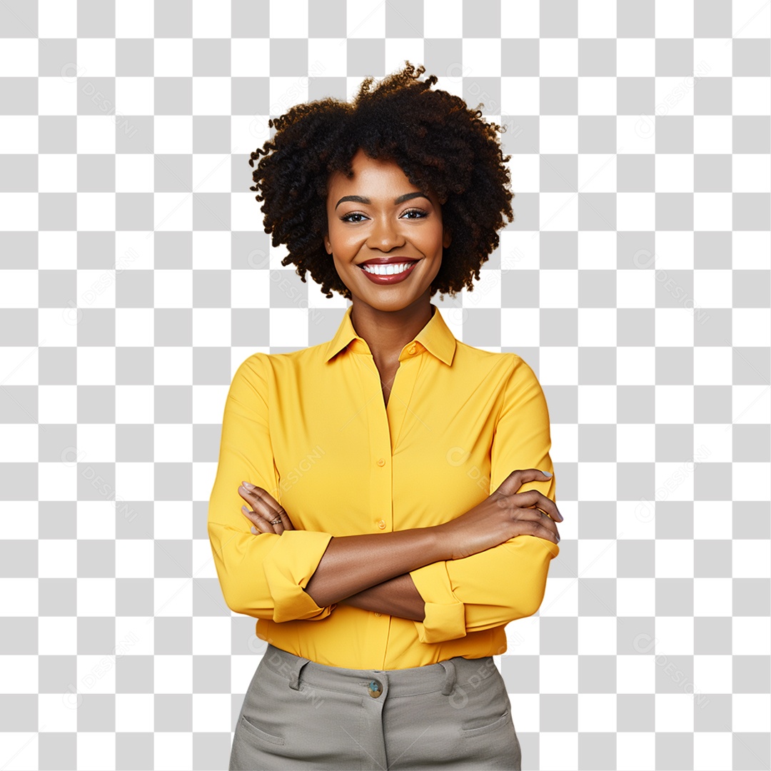 Mulher de Amarelo com os Braços Cruzados PNG Transparente