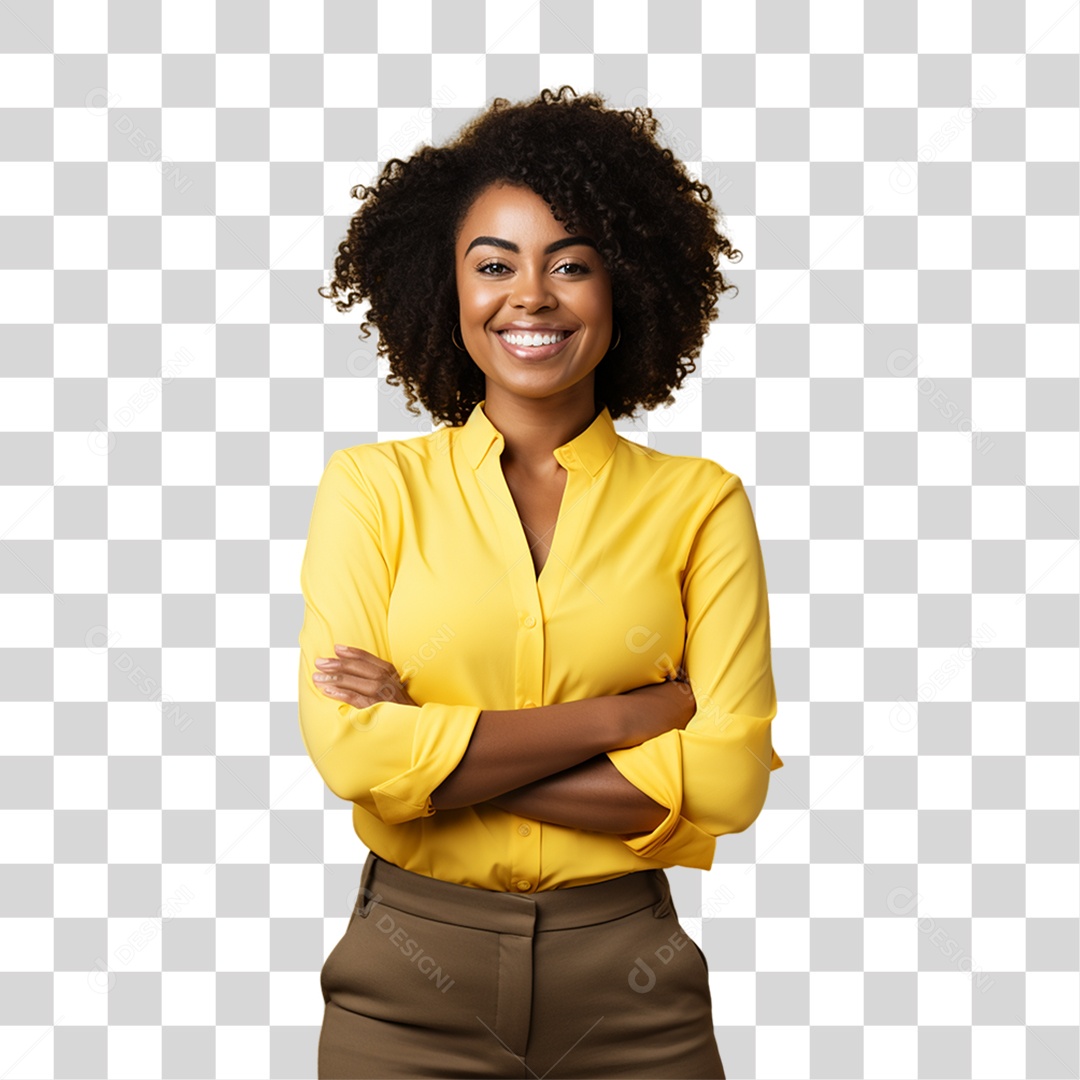 Mulher de Amarelo com os Braços Cruzados PNG Transparente