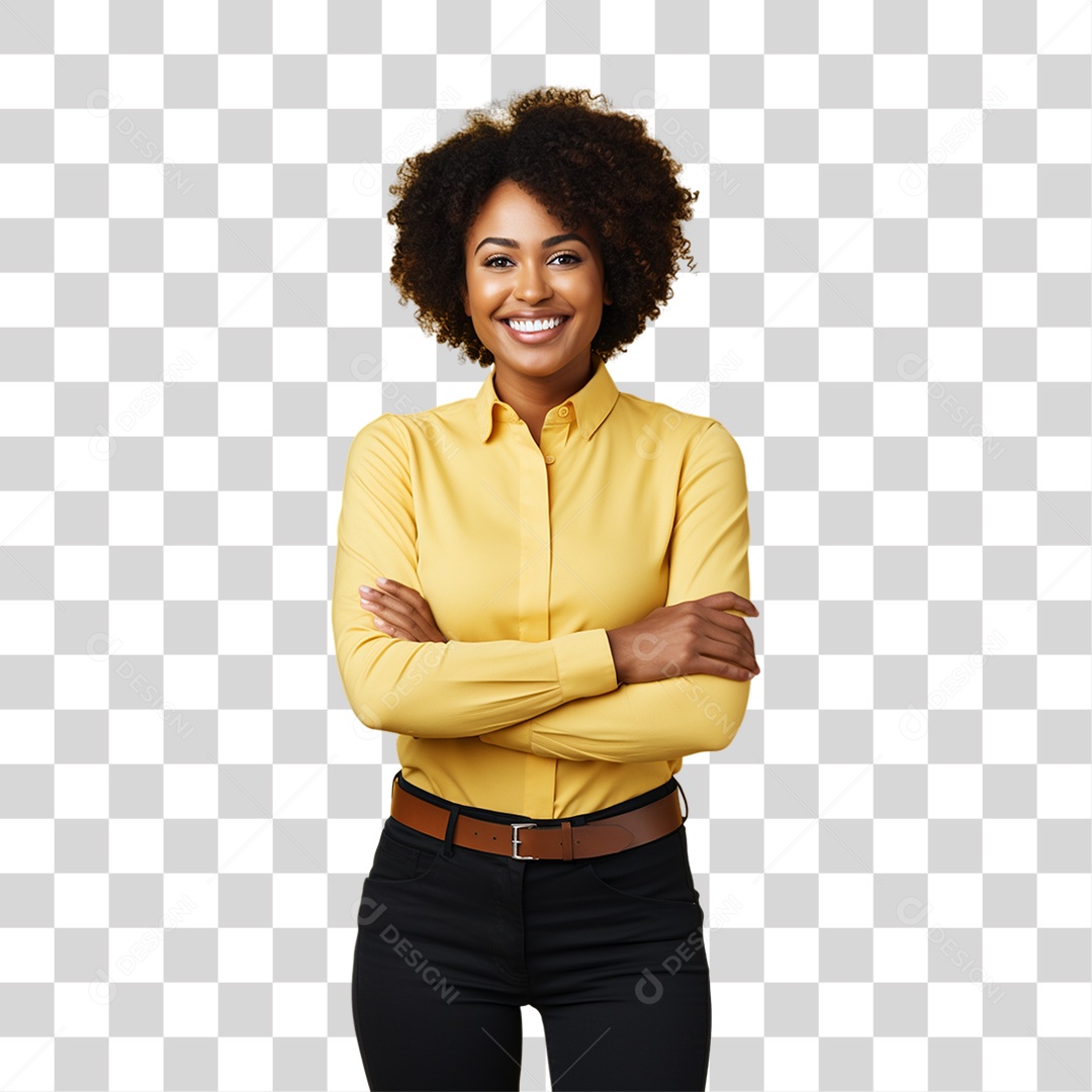 Mulher de Amarelo com os Braços Cruzados PNG Transparente