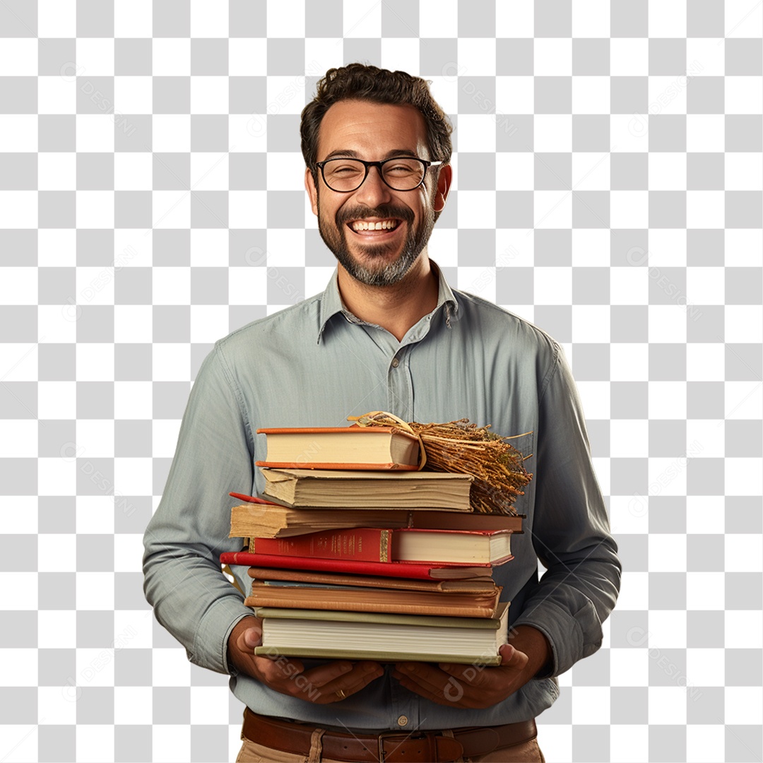 Homem Segurando Monte de Livros PNG Transparente