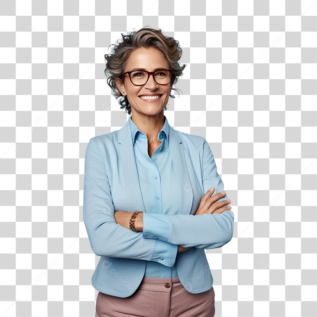 Mulher de Azul com os Braços Cruzados PNG Transparente