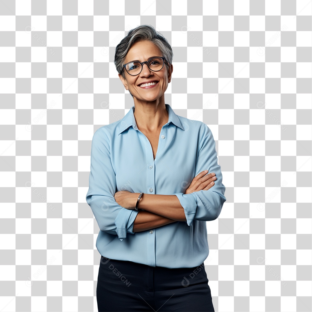 Mulher de Azul com os Braços Cruzados PNG Transparente