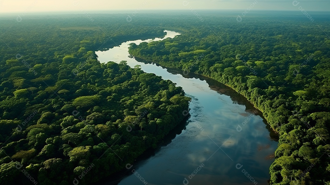 Vista aérea do rio amazonas com exuberante folhagem verde ao fundo