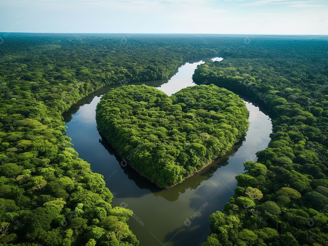 Vista aérea do rio amazonas com exuberante folhagem verde ao fundo