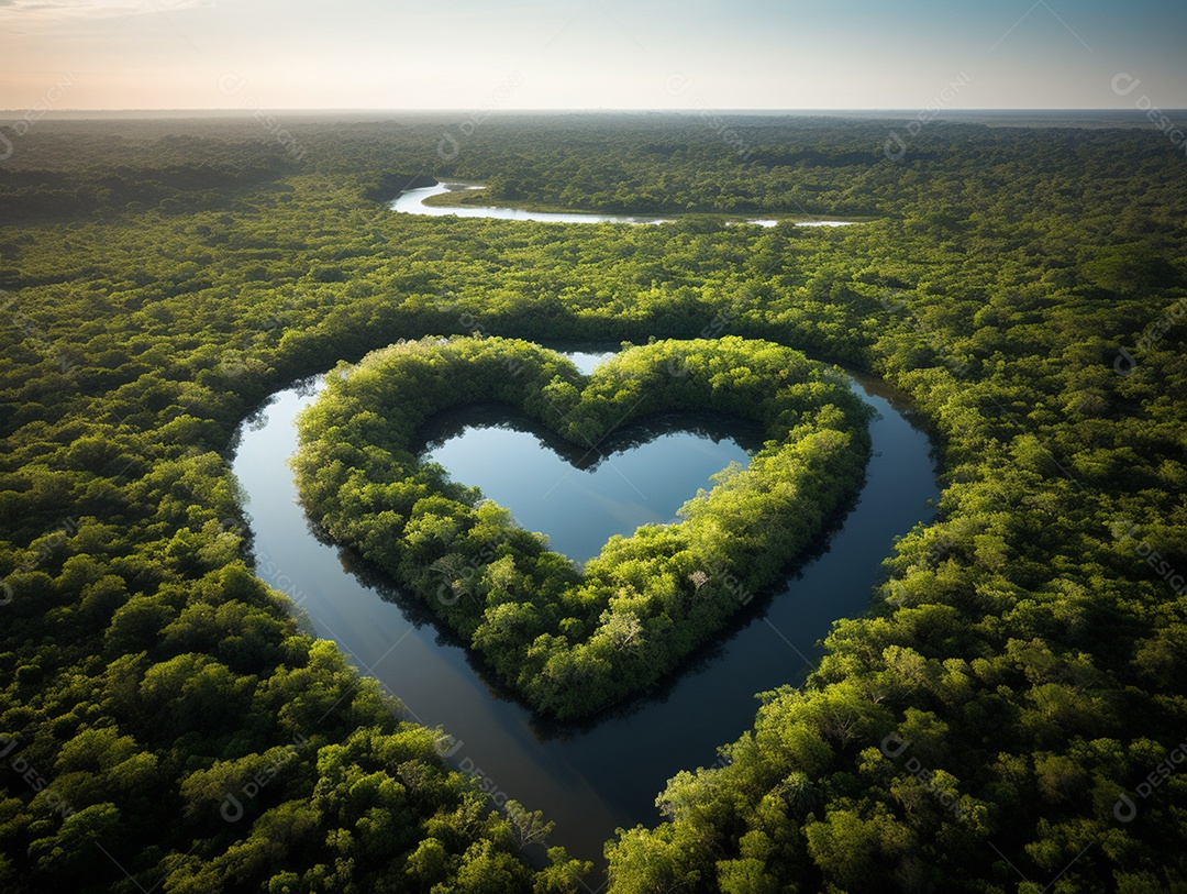 Vista aérea do rio amazonas com exuberante folhagem verde ao fundo