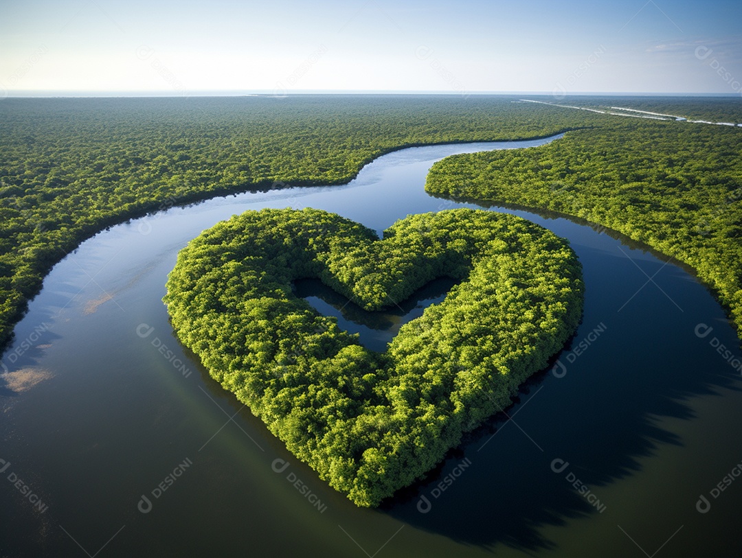 Vista aérea do rio amazonas com exuberante folhagem verde ao fundo