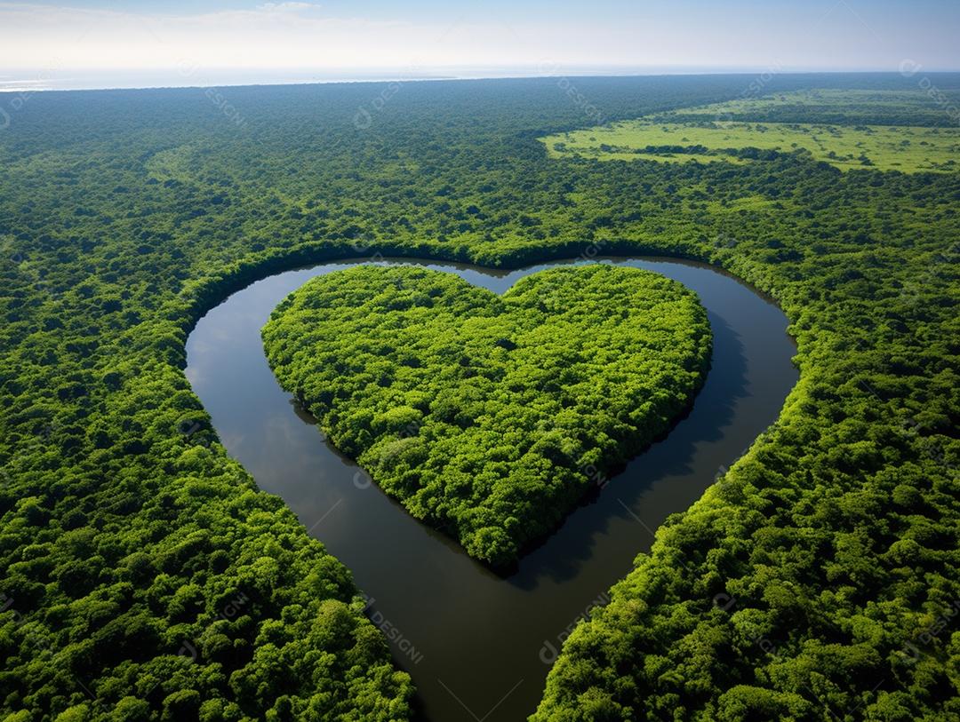 Vista aérea do rio amazonas com exuberante folhagem verde ao fundo