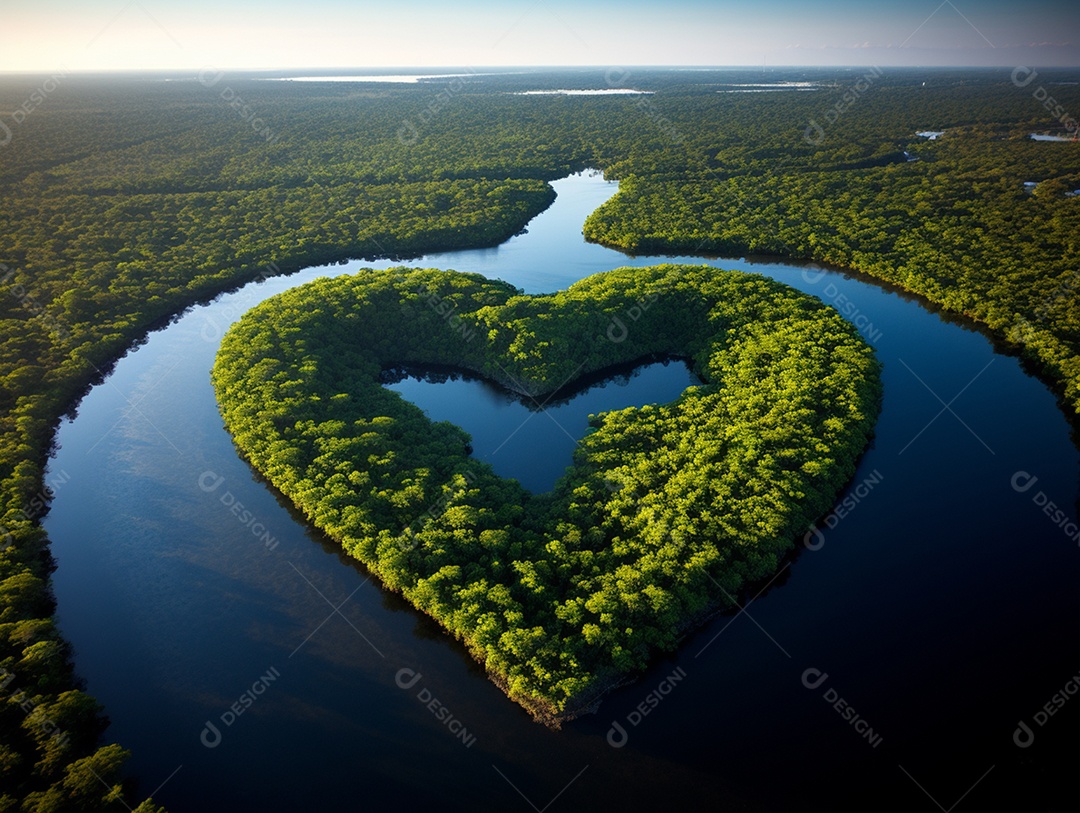 Vista aérea do rio amazonas com exuberante folhagem verde ao fundo