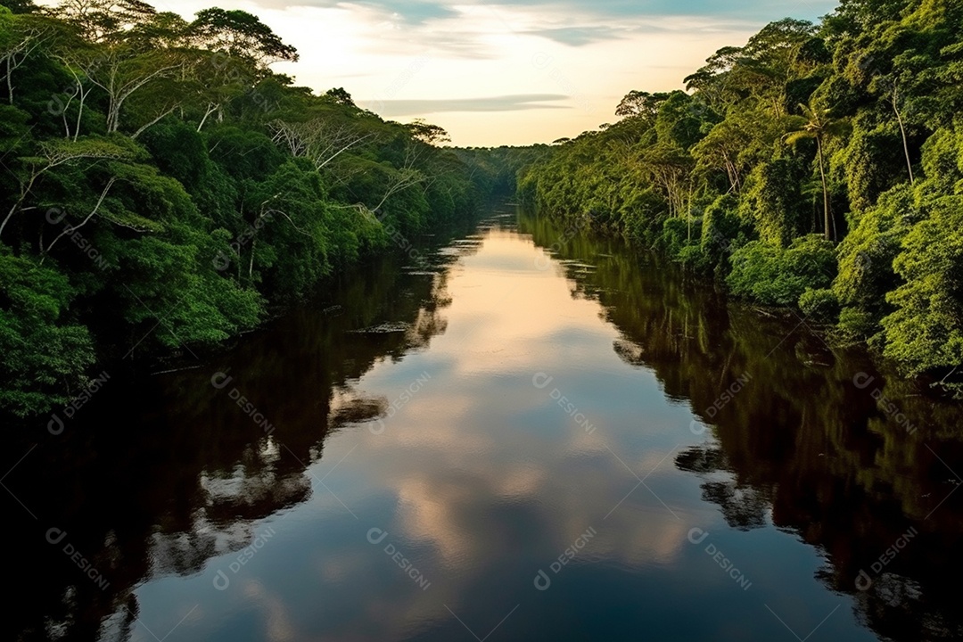 Vista aérea do rio amazonas com exuberante folhagem verde ao fundo