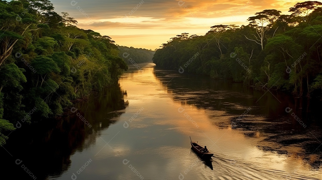 Vista aérea do rio amazonas com exuberante folhagem verde ao fundo