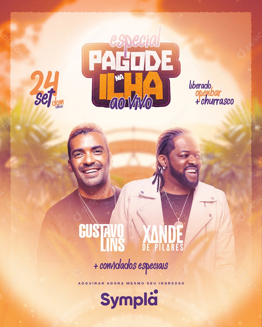 Flyer Especial Pagode na Ilha ao Vivo Gustavo Lins Xande De Pilares Social Media PSD Editável