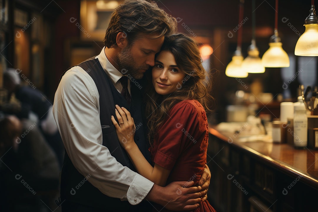 Lindo casal jovem homem e mulher abraçados em um restaurante ou bar, roupas clássicas de época