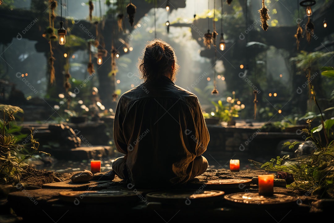 Homem meditando à beira do lago. conceito de saúde mental