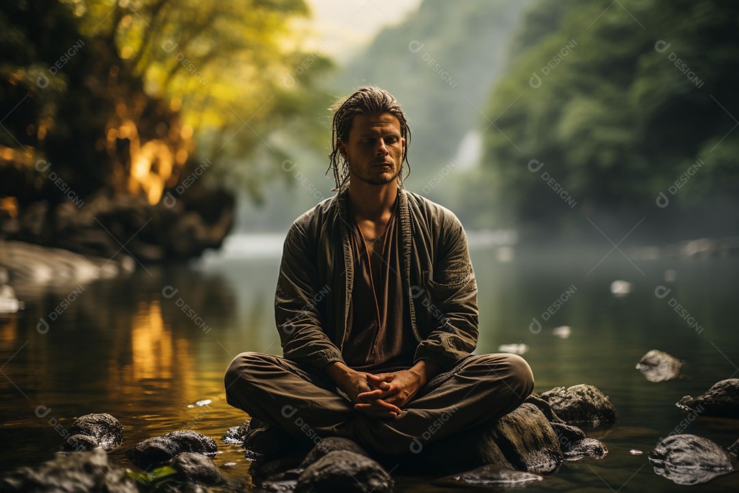 Homem meditando à beira do lago. conceito de saúde mental