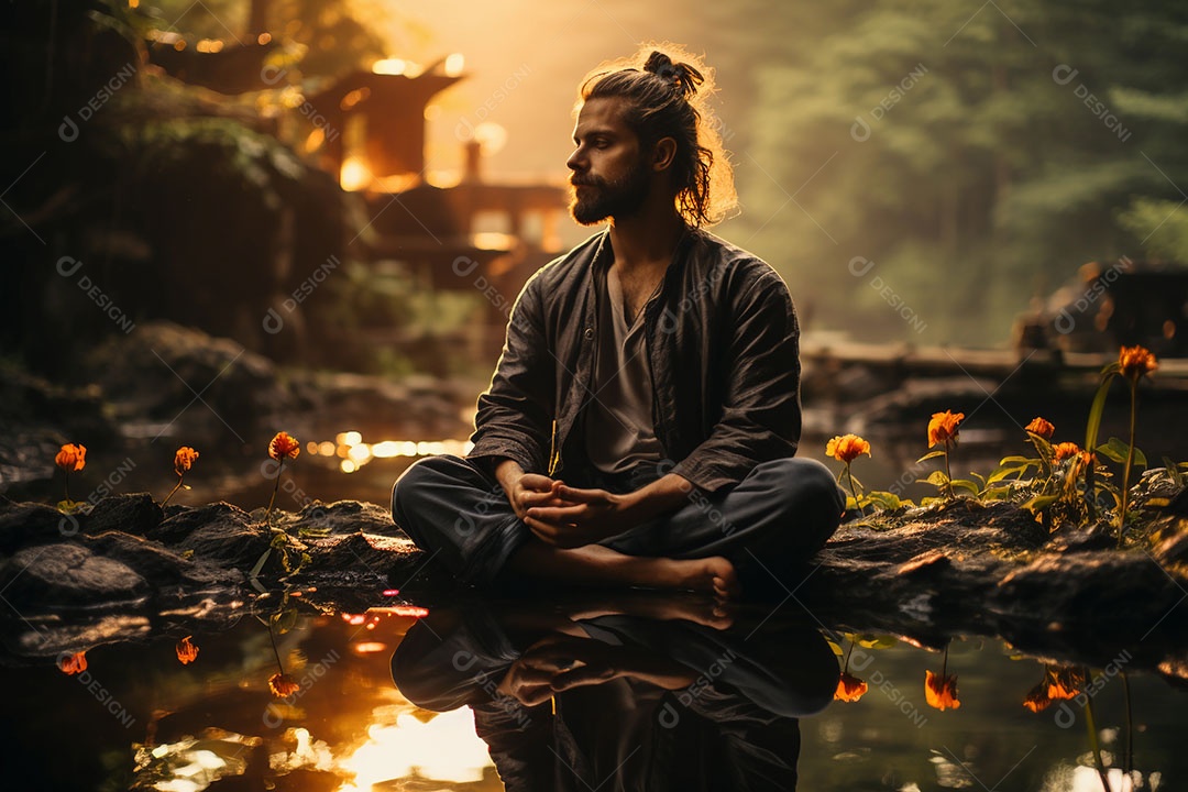 Homem meditando à beira do lago. conceito de saúde mental