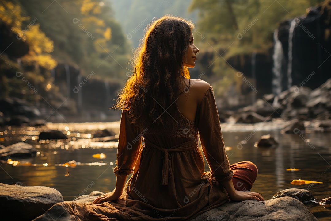 Mulher meditando à beira do lago. conceito de saúde mental