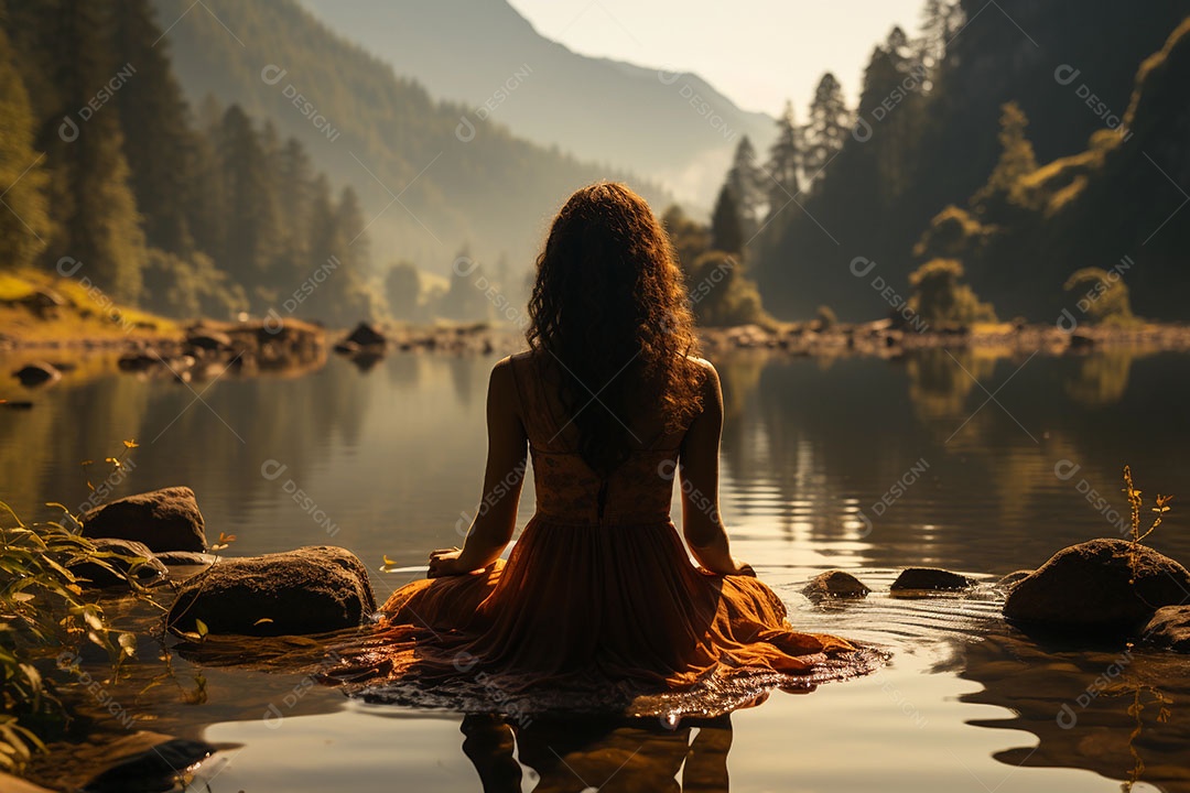 Mulher meditando à beira do lago. conceito de saúde mental