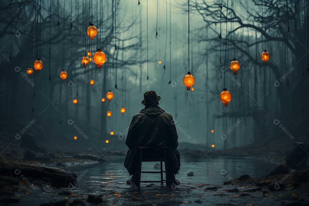 Conceito de homem com depressão sentado tentando lidar com pensamentos negativos.