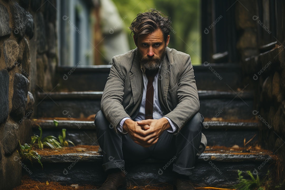 Conceito de homem com depressão sentado tentando lidar com pensamentos negativos.