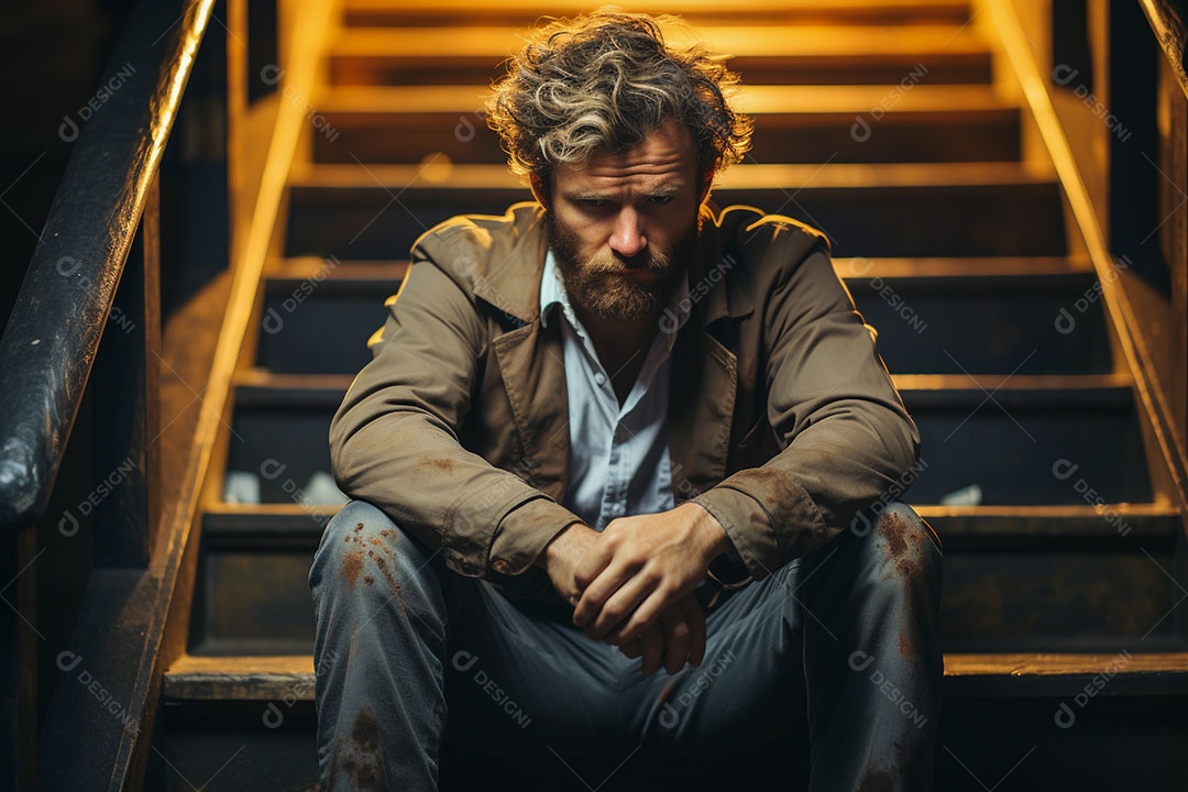 Conceito de homem com depressão sentado tentando lidar com pensamentos negativos.