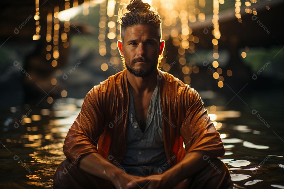 Homem meditando à beira do lago. conceito de saúde mental