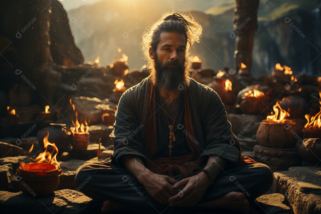 Homem meditando à beira do lago. conceito de saúde mental