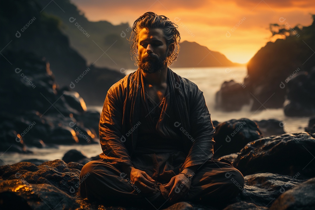 Homem meditando à beira do lago. conceito de saúde mental