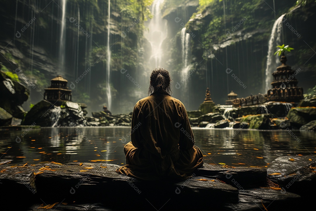 Homem meditando à beira do lago. conceito de saúde mental