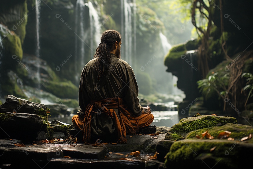 homem meditando à beira do lago. conceito de saúde mental