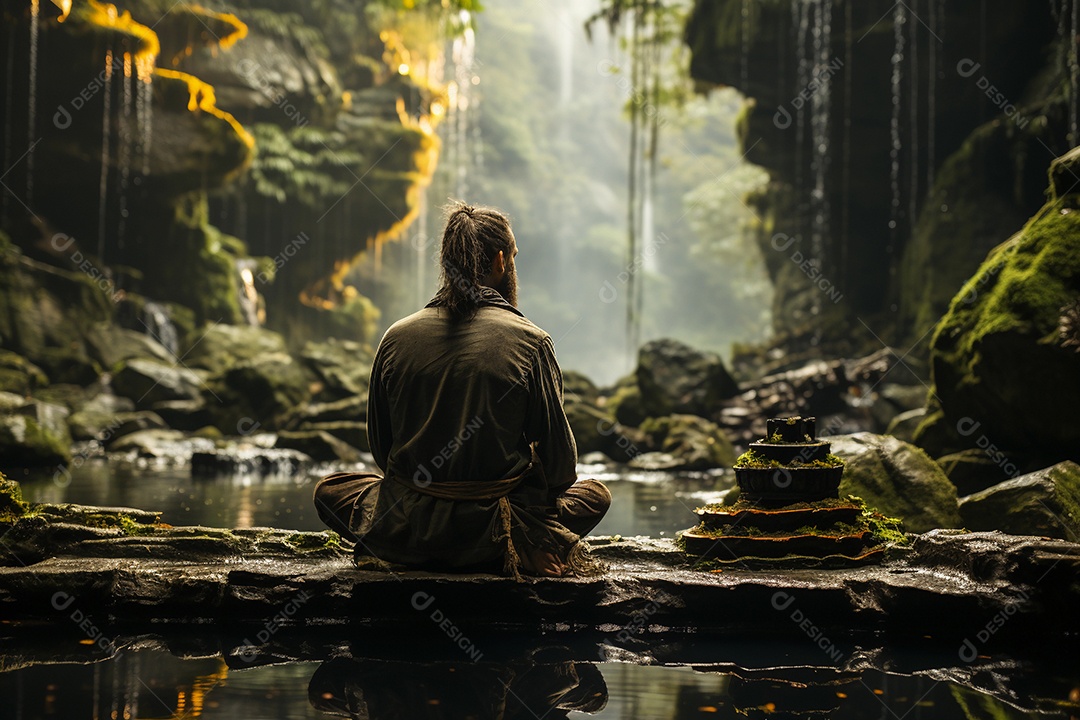 homem meditando à beira do lago. conceito de saúde mental