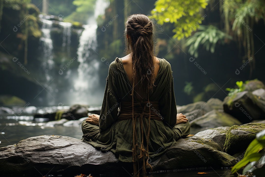 mulher meditando à beira do lago. conceito de saúde mental