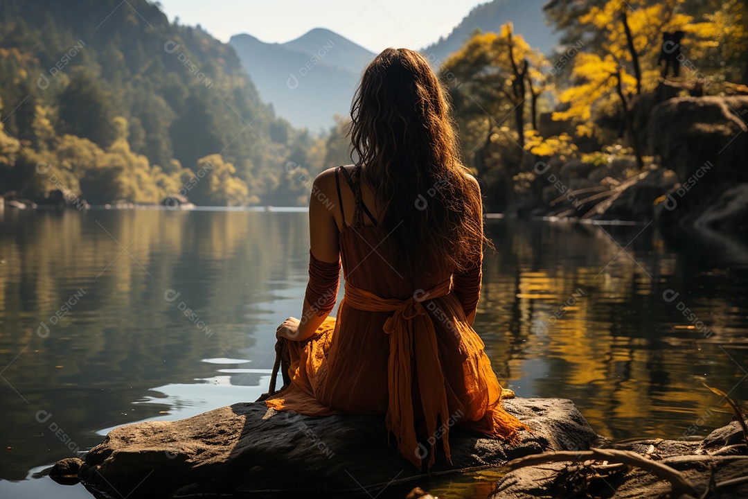 mulher meditando à beira do lago. conceito de saúde mental