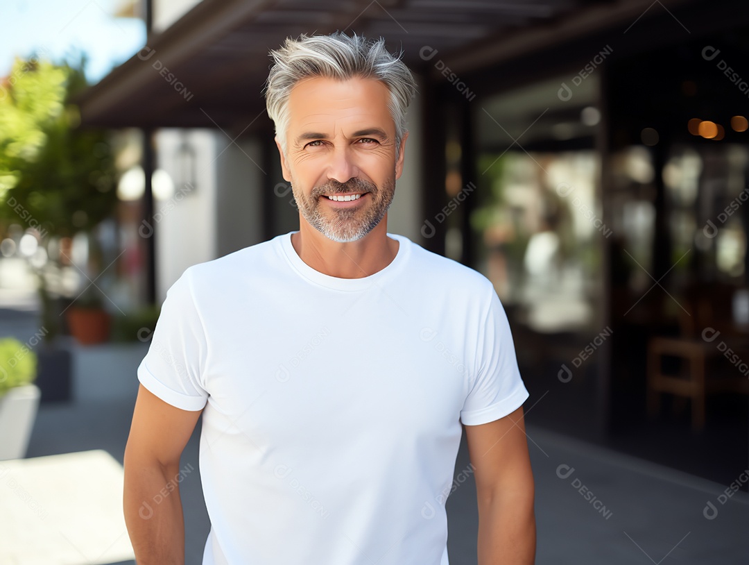 Homem sênior saudável vestindo maquete de camiseta branca vazia em branco com jaqueta para modelo de design
