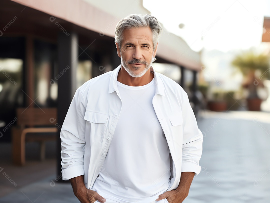 Homem sênior saudável vestindo maquete de camiseta branca vazia em branco com jaqueta para modelo de design