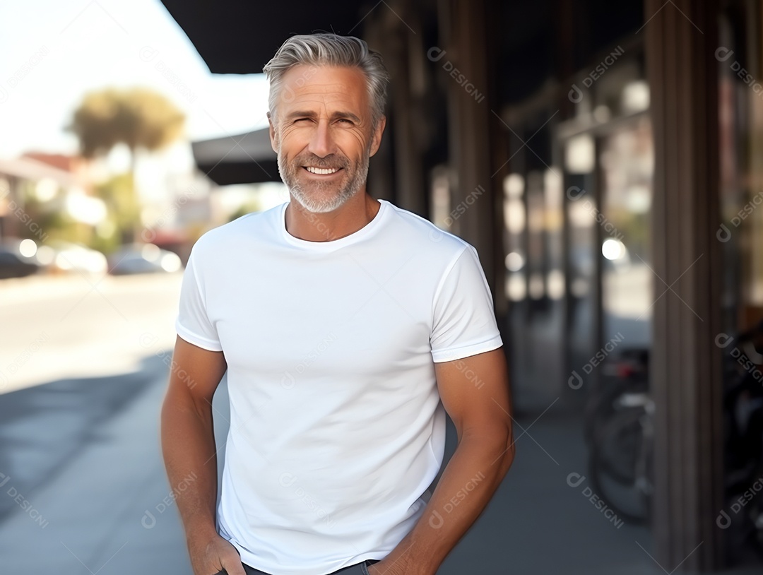 Homem sênior saudável vestindo maquete de camiseta branca vazia em branco com jaqueta para modelo de design