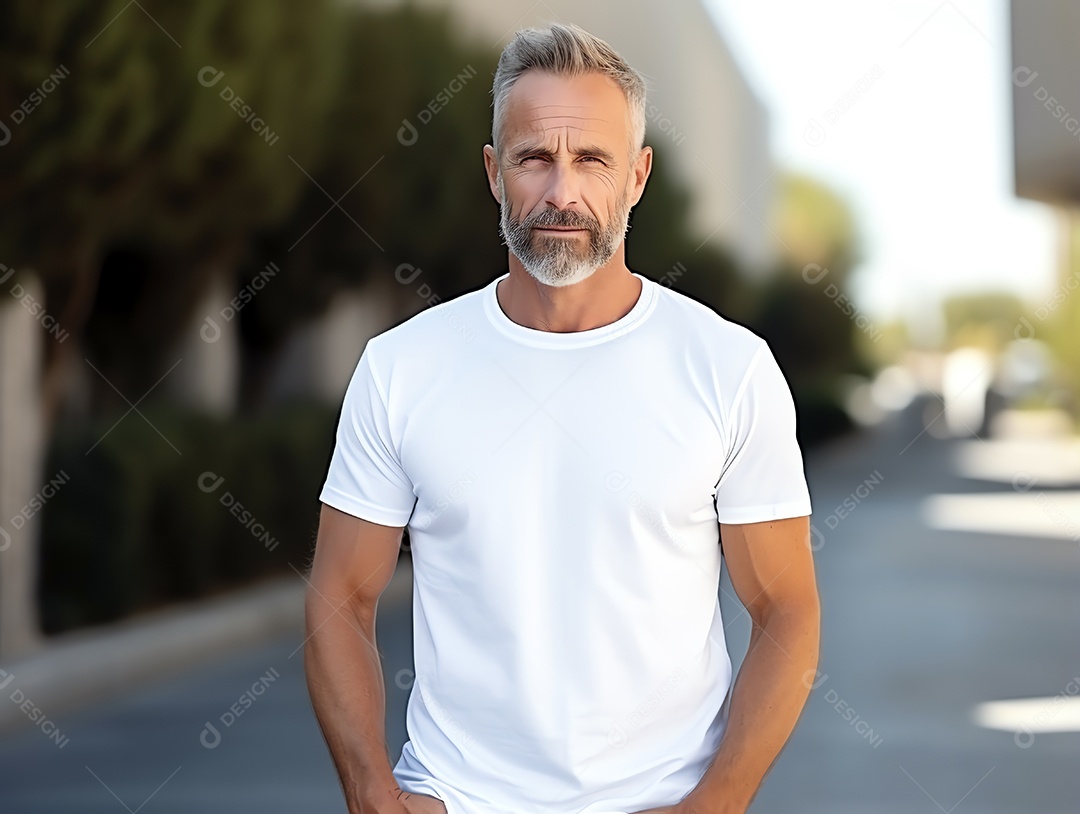 Homem sênior saudável vestindo maquete de camiseta branca vazia em branco com jaqueta para modelo de design