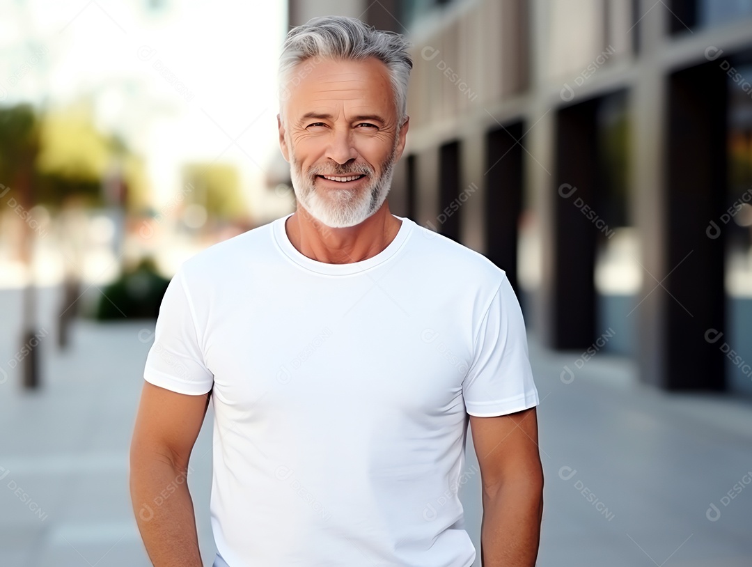 Homem sênior saudável vestindo maquete de camiseta branca vazia em branco com jaqueta para modelo de design