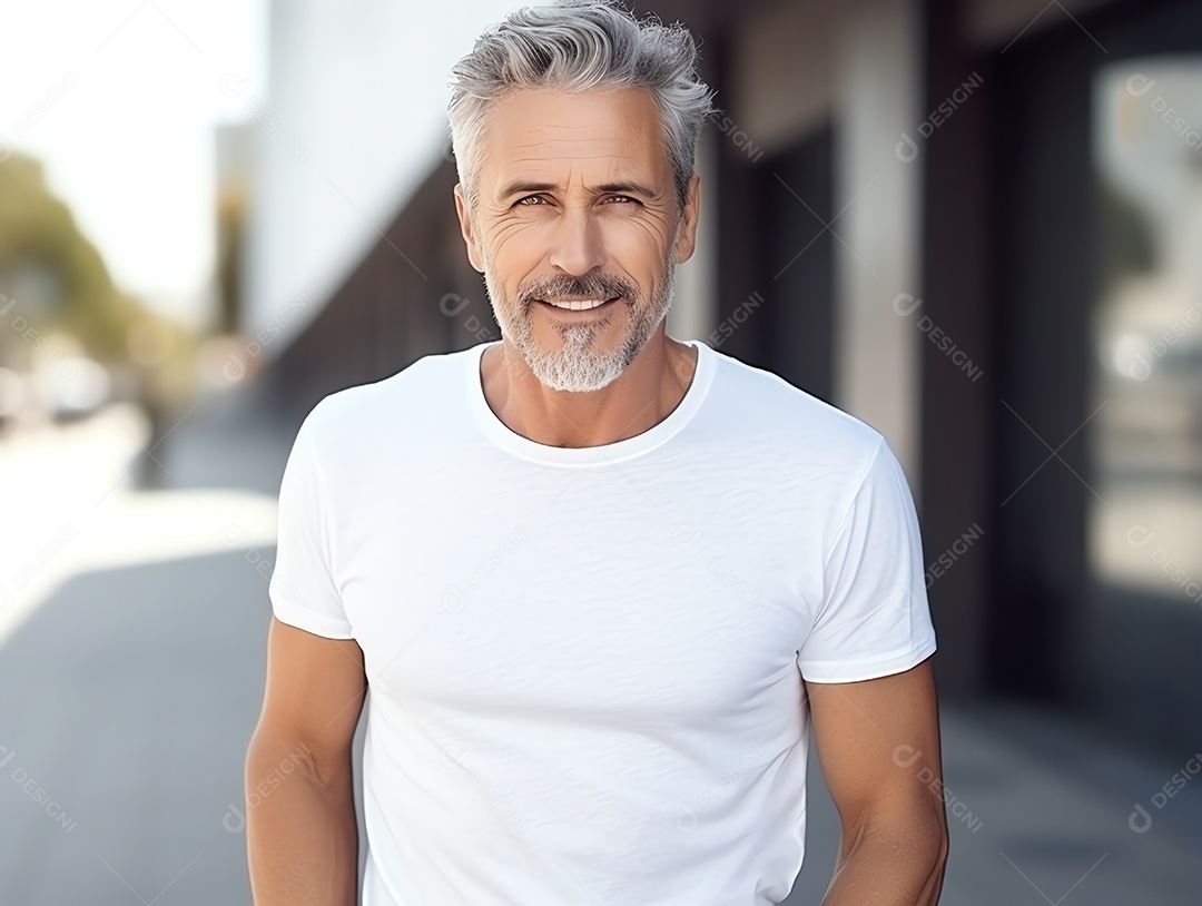 Homem sênior saudável vestindo maquete de camiseta branca vazia em branco com jaqueta para modelo de design