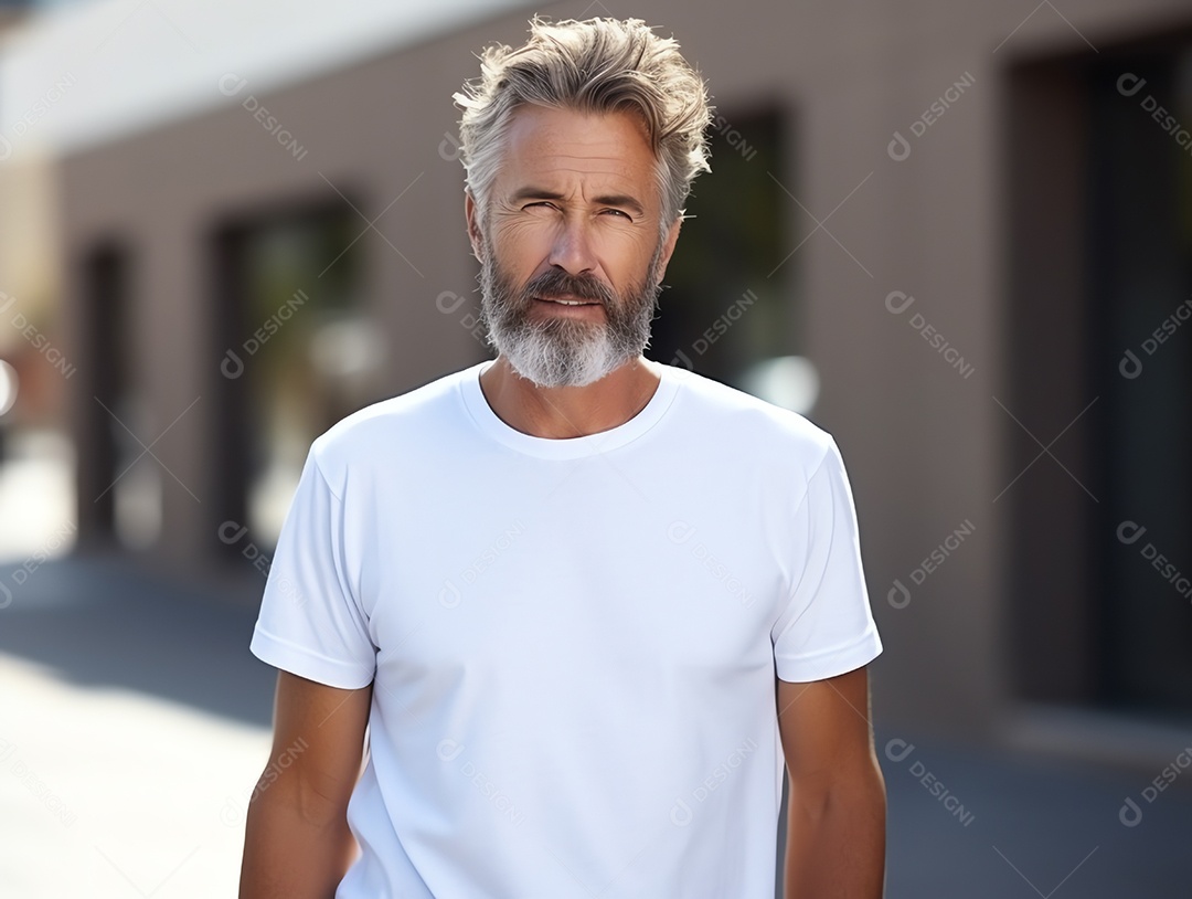 Homem sênior saudável usando maquete de camiseta branca vazia em branco para modelo de design