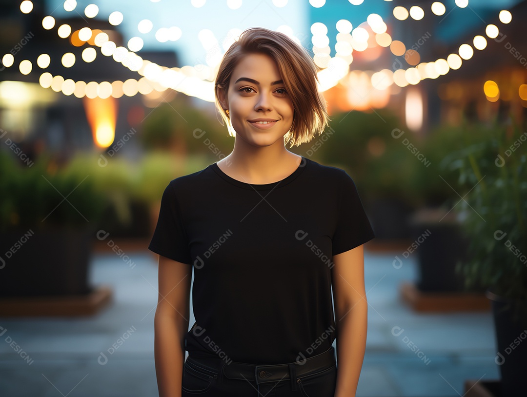 Mulher jovem e atraente vestindo maquete de camiseta preta vazia em branco para modelo de design