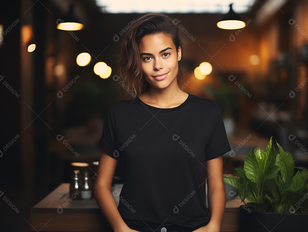 Mulher jovem e atraente vestindo maquete de camiseta preta vazia em branco para modelo de design