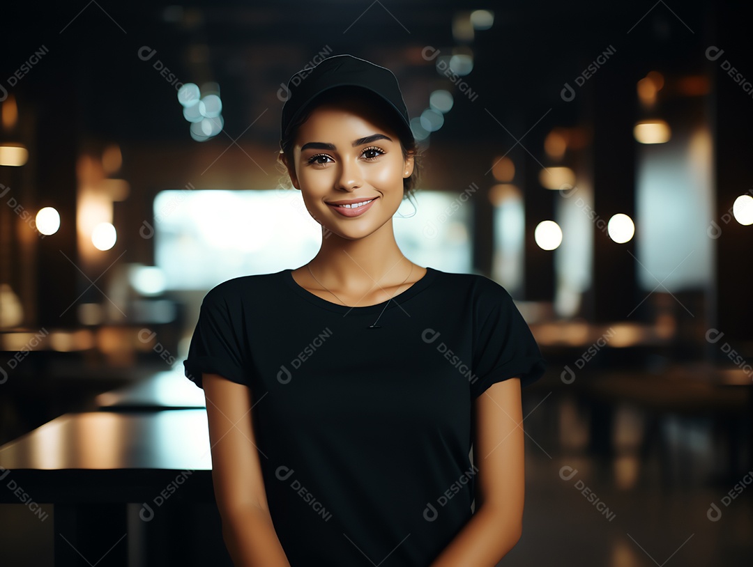 Mulher jovem e atraente vestindo maquete de camiseta preta vazia em branco para modelo de design