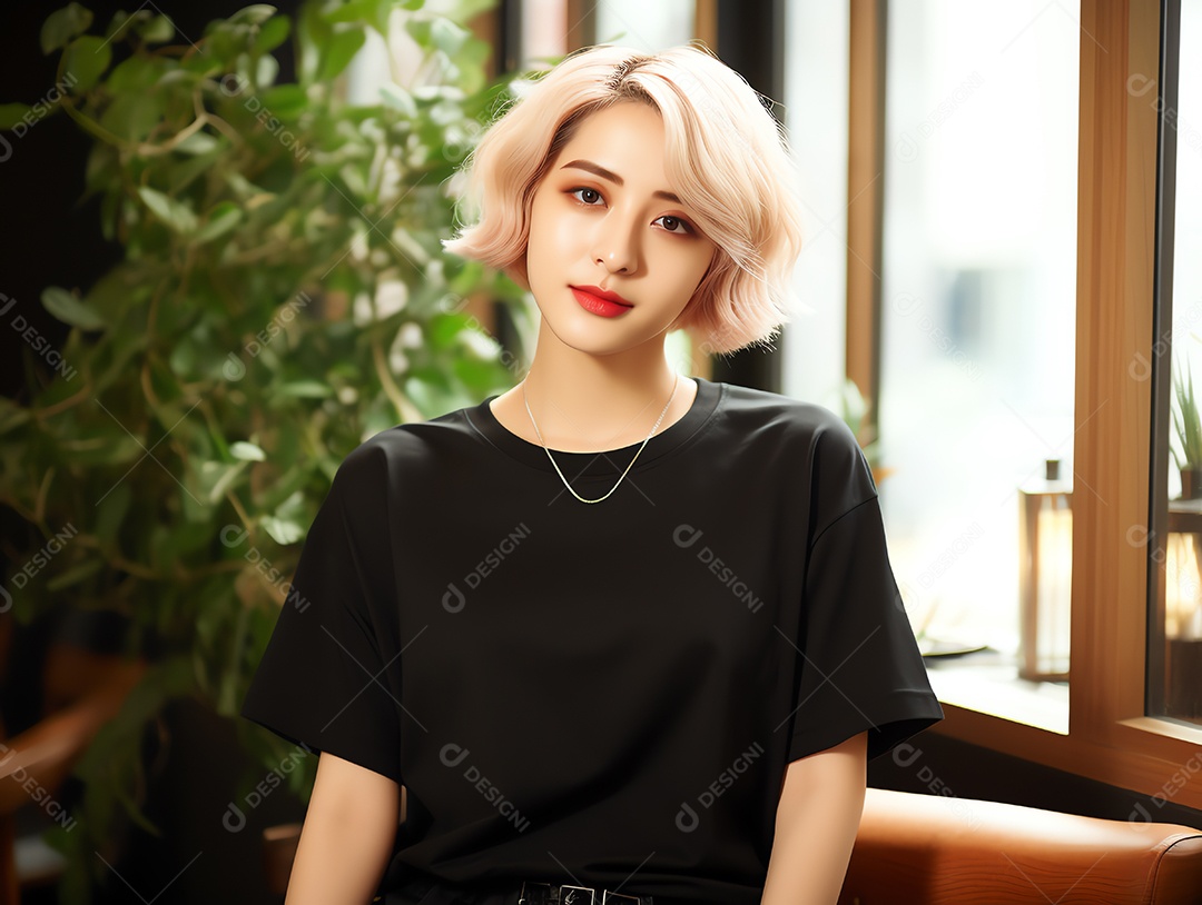 Mulher jovem e atraente vestindo maquete de camiseta preta vazia em branco para modelo de design