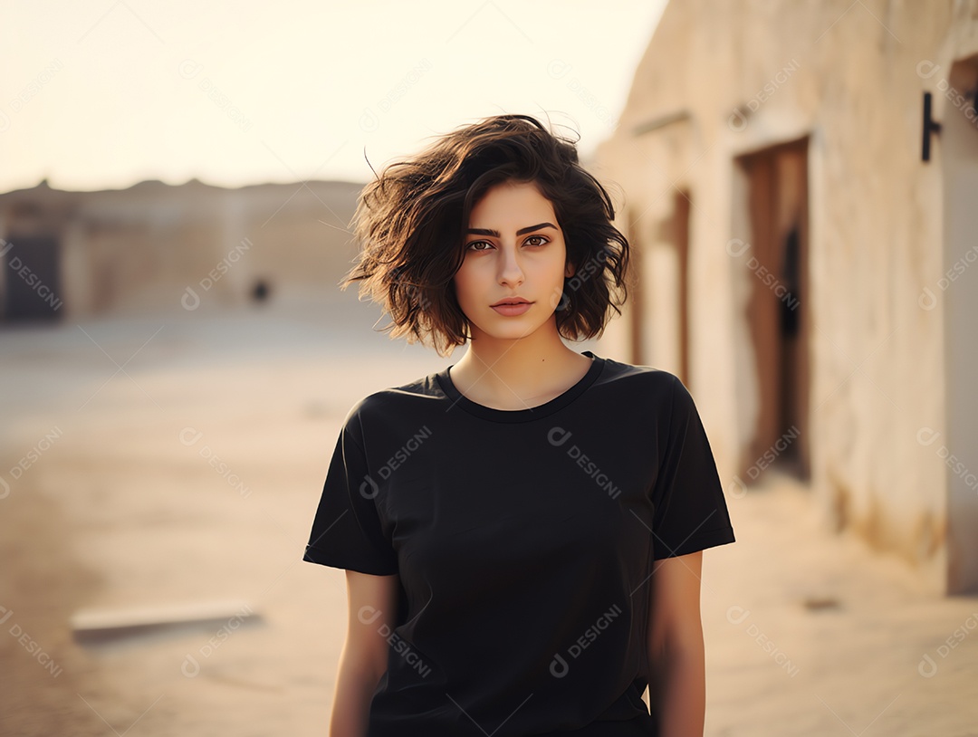 Mulher jovem e atraente vestindo maquete de camiseta preta vazia em branco para modelo de design