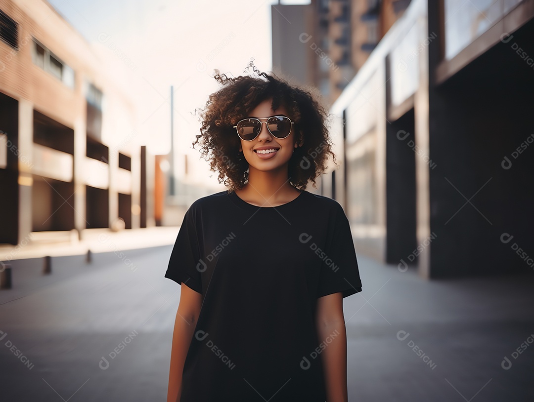 Mulher jovem e atraente vestindo maquete de camiseta preta vazia em branco para modelo de design