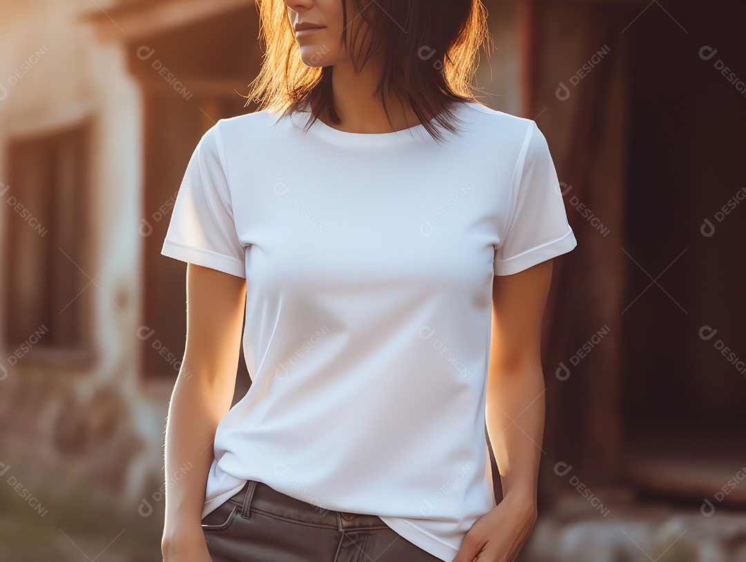 Mulher jovem e atraente vestindo maquete de camiseta branca vazia em branco para modelo de design