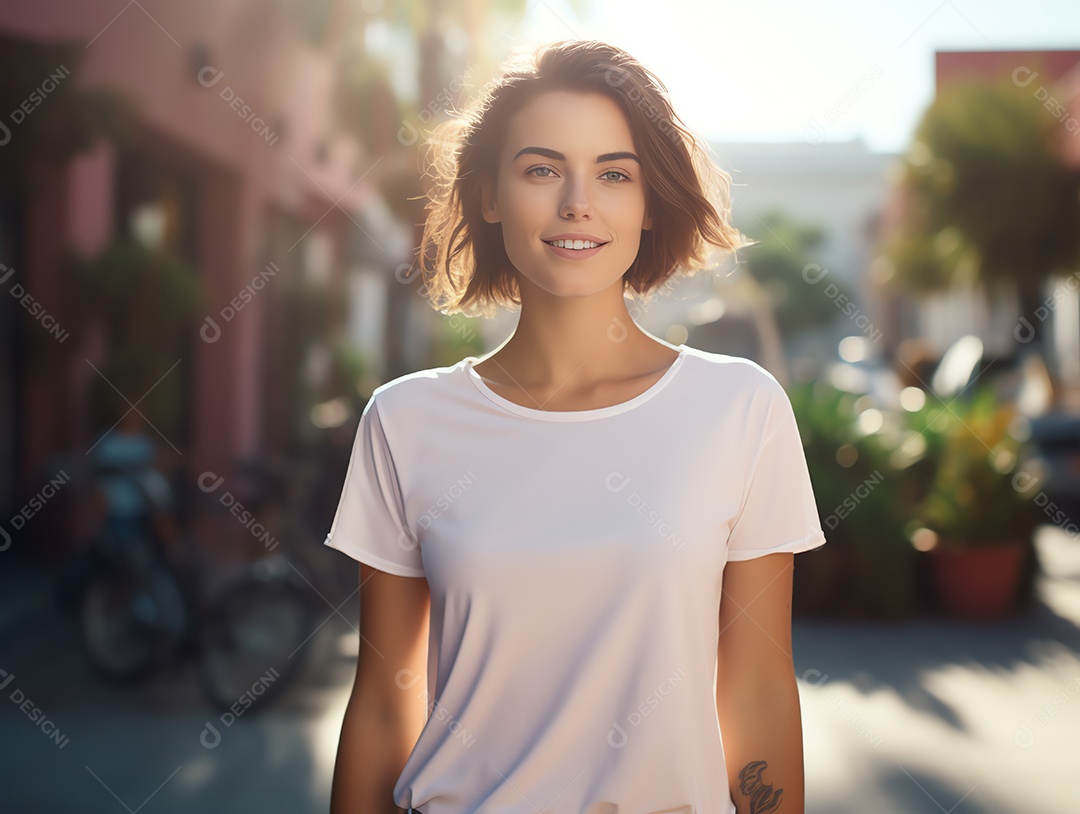 Mulher jovem e atraente vestindo maquete de camiseta branca vazia em branco para modelo de design