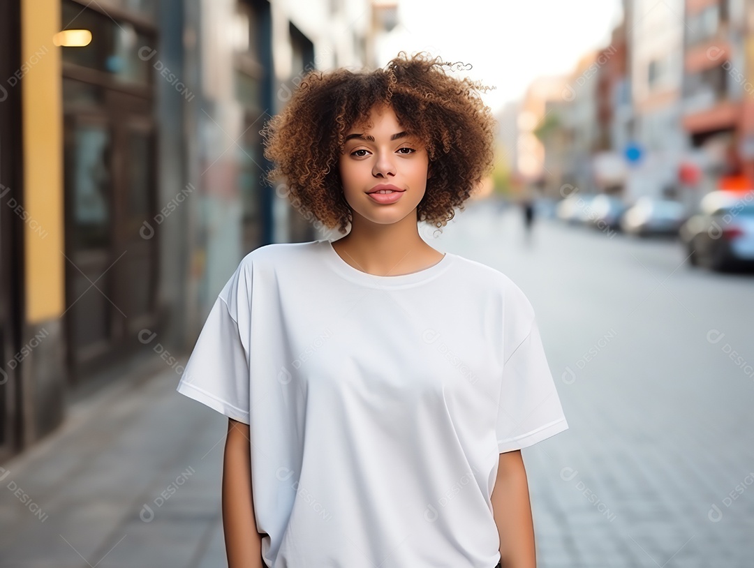 Mulher jovem e atraente vestindo maquete de camiseta branca vazia em branco para modelo de design