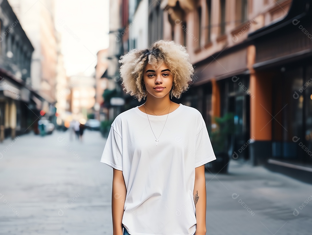 Mulher jovem e atraente vestindo maquete de camiseta branca vazia em branco para modelo de design