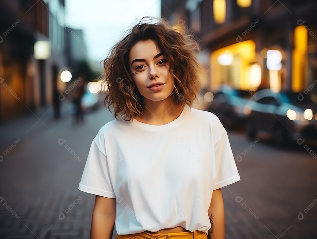 Mulher jovem e atraente vestindo maquete de camiseta branca vazia em branco para modelo de design